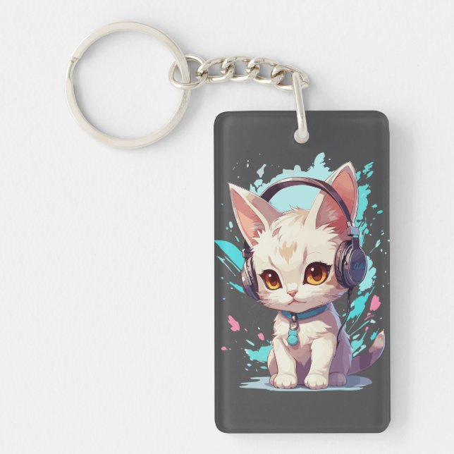 Cute Kitten with Headphones Magic Key Ring (Front)