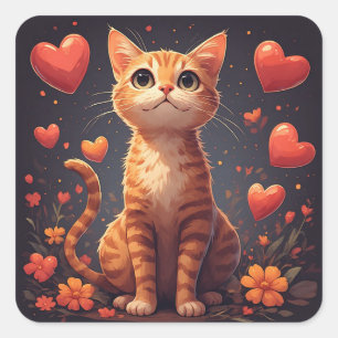 Cute Kitten With Hearts And Flowers For Smiles 🐱 Square Sticker