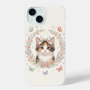 Cute Kitten with Ribbon Bow and Spring Flowers Aes iPhone 15 Case