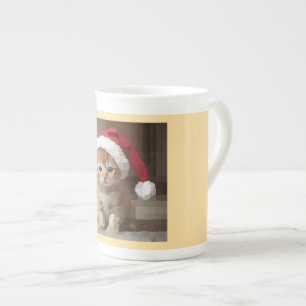 Cute kitten with Santa hat. Bone China Mug