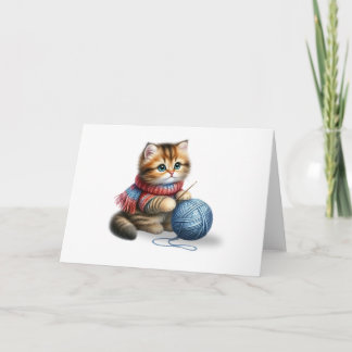 Cute Kitten with Scarf & Blue Yarn Blank Greeting Card