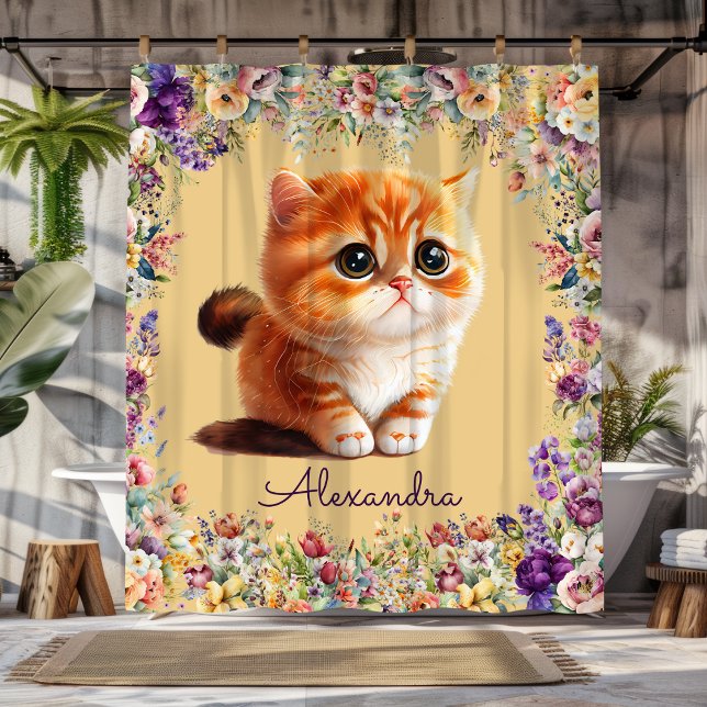 Cute kitten with spring watercolor flowers shower curtain (Creator Uploaded)