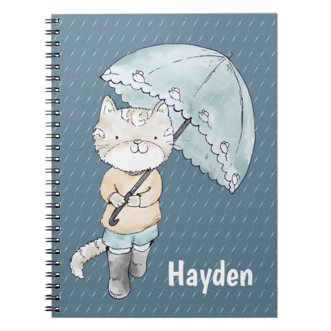 Cute Kitten with Umbrella in Rain Art Personalised Notebook (Front)