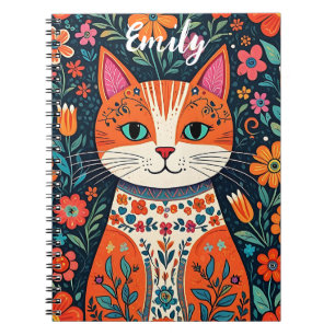Cute Kitten with Whimsical Folk Art Flowers Notebook