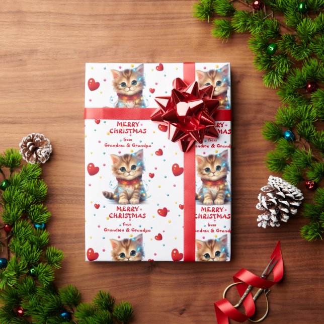 Cute Kitten Wrapped in Christmas Lights Grandkids Wrapping Paper (Holiday Gift)