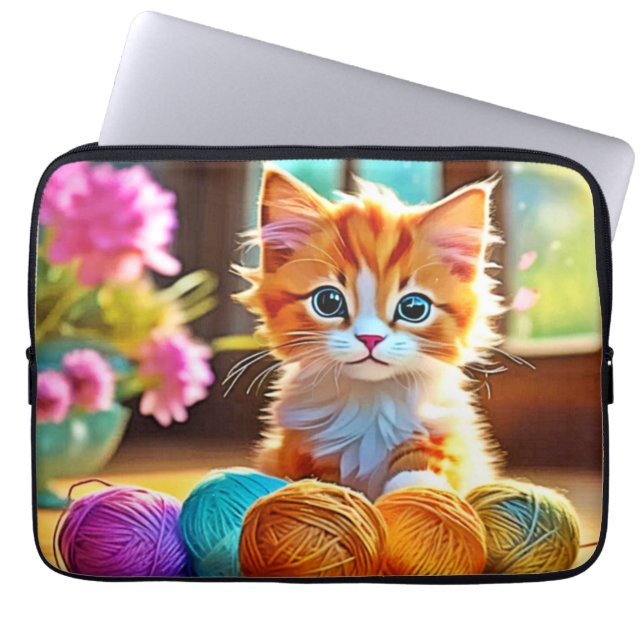 Cute Kitten Yarn Laptop Sleeve (Front)