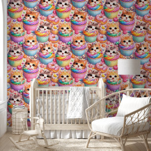 Cute kittens and cupcake pattern rainbow sweet tre wallpaper