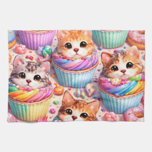 Cute kittens and cupcakes, kitchen towel, rainbow tea towel