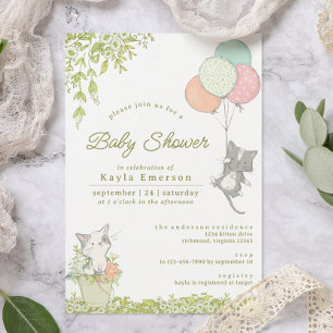 Cute Kittens and Floral Whimsical Baby Shower Invitation