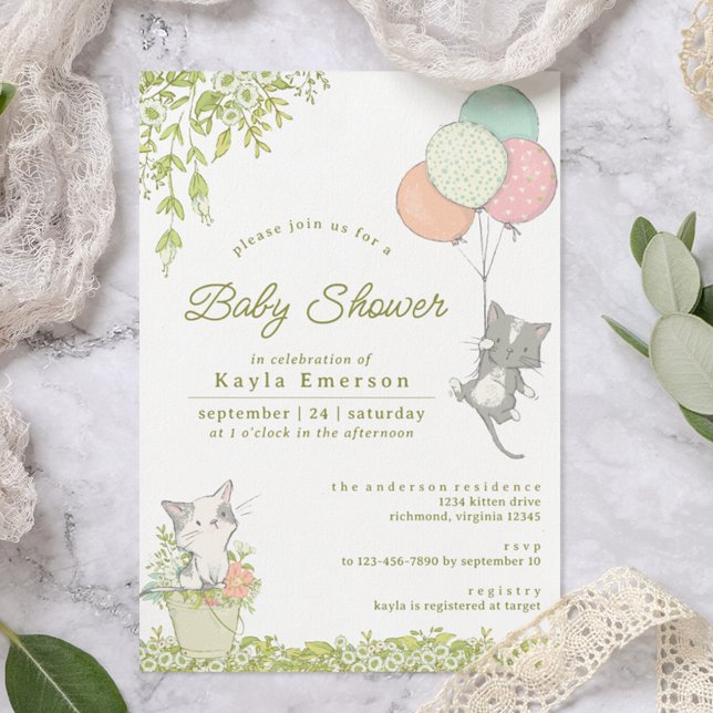 Cute Kittens and Floral | Whimsical Baby Shower Invitation (Creator Uploaded)