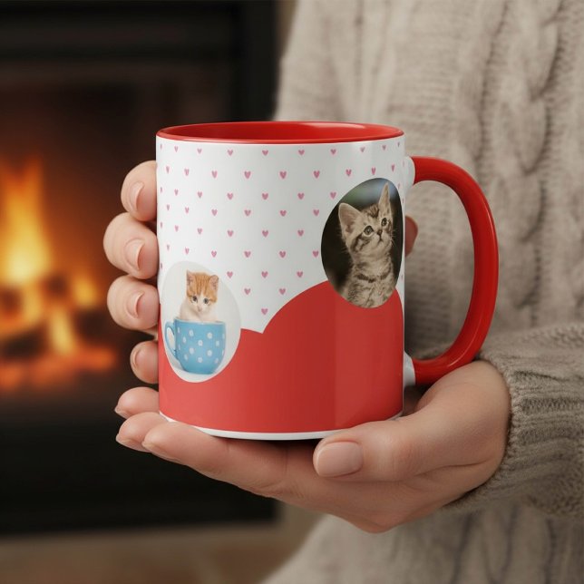 Cute Kittens and Red Hearts Pattern Personalised  Mug (Creator Uploaded)