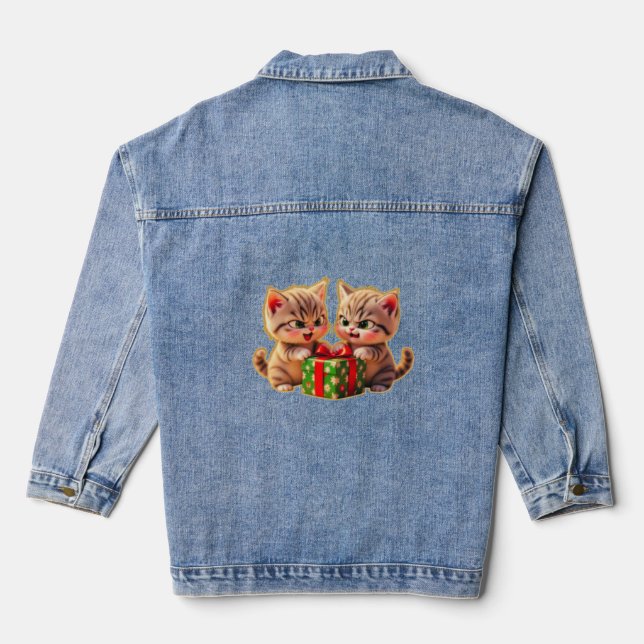 **Cute Kittens Fighting Over a Gift – Funny Christ Denim Jacket (Back)