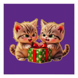 **Cute Kittens Fighting Over a Gift – Funny Christ Poster