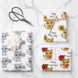 Cute Kittens holding Flower Birthday and Christmas Wrapping Paper Sheet