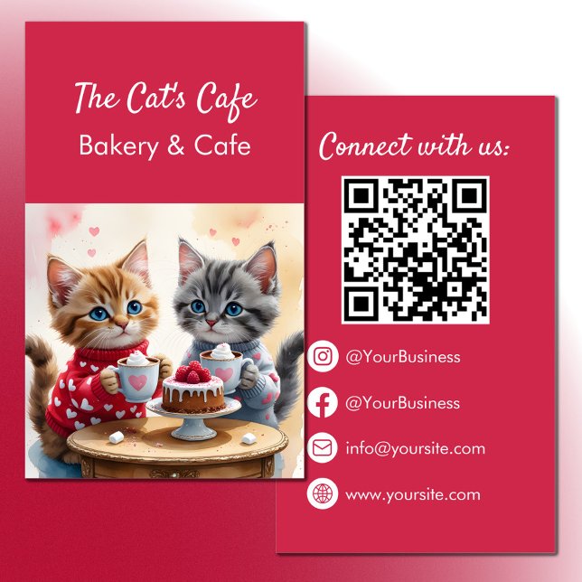 Cute kittens hot drinks cake bakery cafe QR code Business Card (Creator Uploaded)