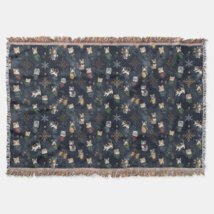 Cute Kittens in Mittens Christmas Dark Blue Throw Blanket