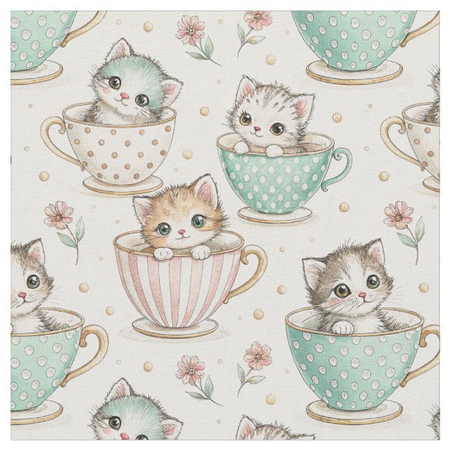 Cute Kittens in Teacups - Kids Cat Design Pattern Fabric (Close Up)