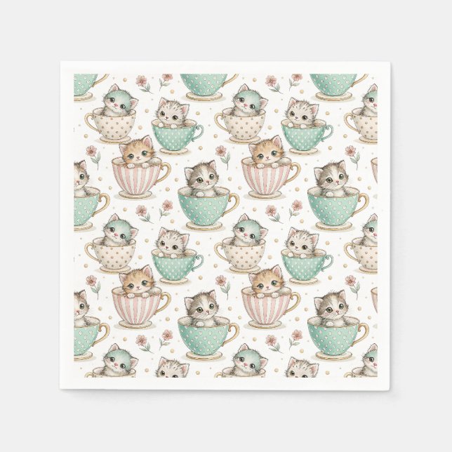 Cute Kittens in Teacups - Kids Cat Design Pattern Napkin (Front)