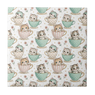 Cute Kittens in Teacups - Kids Cat Design Pattern Tile
