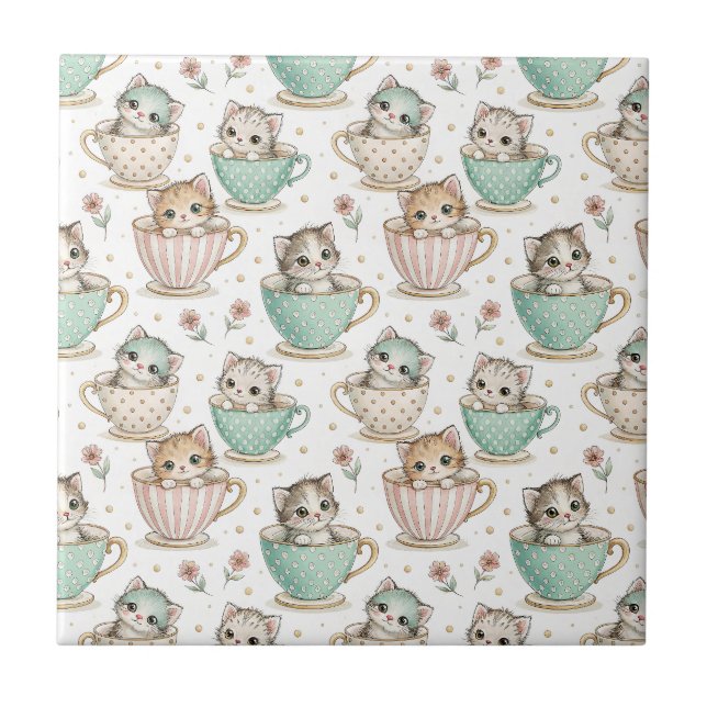 Cute Kittens in Teacups - Kids Cat Design Pattern Tile (Front)