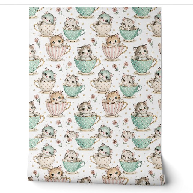Cute Kittens in Teacups - Kids Cat Design Pattern Wallpaper (Unrolling)