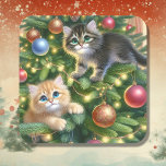 Cute Kittens in the Christmas Tree  Square Sticker<br><div class="desc">Kitten themed Christmas stickers. Two cute kittens playing in a Christmas tree being mischievous but cute! Ai watercolor style festive illustration.</div>