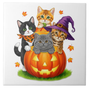 Cute Kittens Pumpkin Halloween Spooky Season Tile