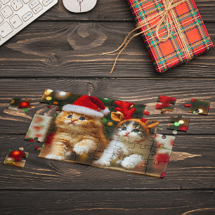 Cute kittens with Santa Claus and reindeer hats 2 Jigsaw Puzzle