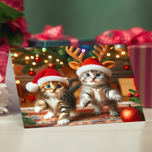 Cute kittens with Santa Claus and reindeer hats 3 Thank You Card (Creator Uploaded)