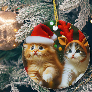 Cute kittens with Santa Claus and reindeer hats Ceramic Tree Decoration