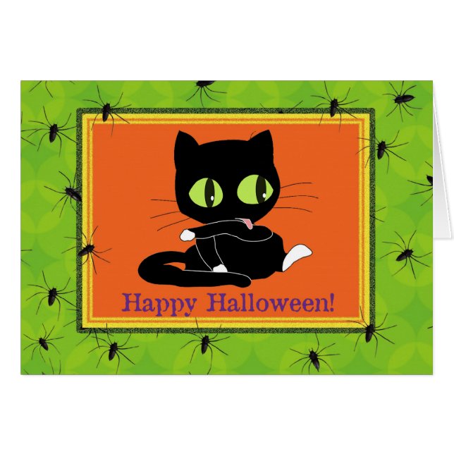 Cute Kitty and Spiders Halloween Card (Front Horizontal)