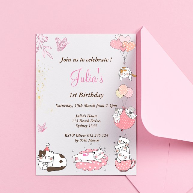 Cute kitty baby girl 1st birthday  invitation (Creator Uploaded)