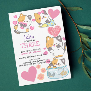 Cute kitty baby girl 3rd birthday  invitation