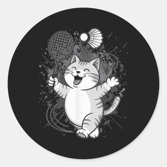 Cute Kitty Badminton Player Shuttle  Classic Round Sticker (Front)