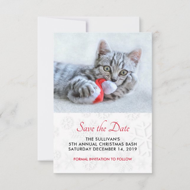 Cute Kitty Biting a Red Santa Hat Save the Date (Front)