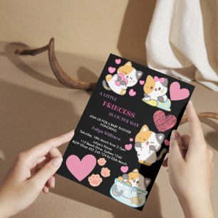 Cute kitty black and pink  baby shower invitation