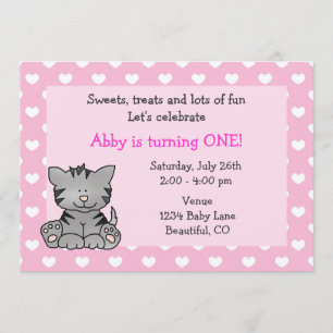 Cute Kitty Cat 1st Birthday Invitation for Girls