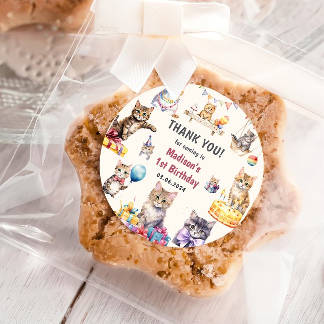 Cute Kitty Cat 1st Birthday Party  Classic Round S Sticker (Creator Uploaded)