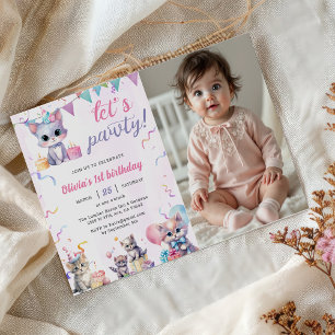 Cute Kitty Cat 1st Birthday Party  Invitation