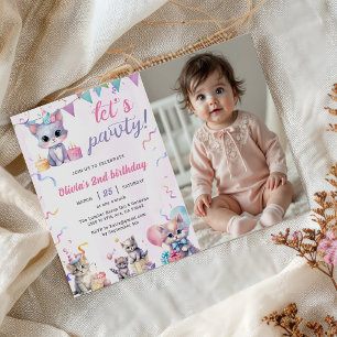 Cute Kitty Cat 2nd Birthday Party Photo  Invitation