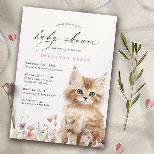 Cute Kitty Cat   Airy Floral Spring Baby Shower Invitation