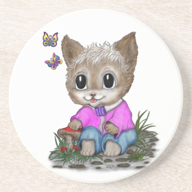 Cute Kitty Cat and Butterfly Coaster (Front)