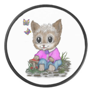 Cute Kitty Cat and Butterfly Hockey Puck