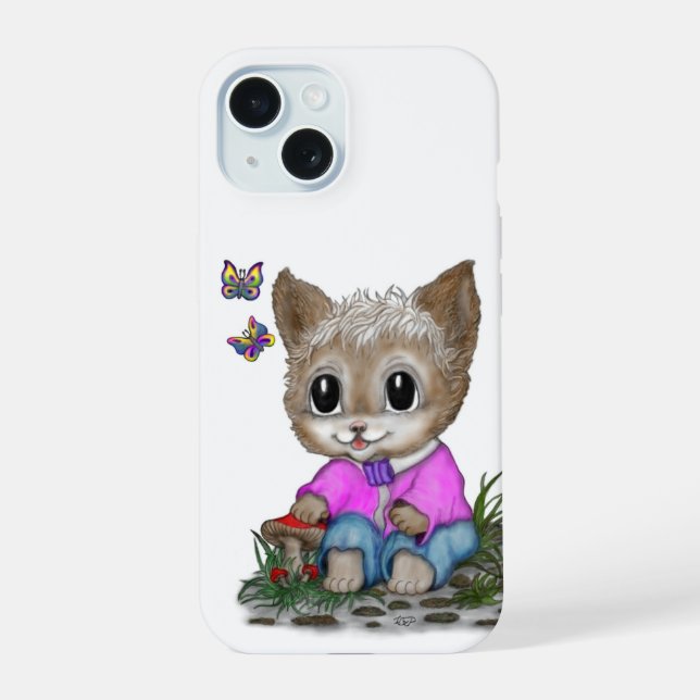 Cute Kitty Cat and Butterfly iPhone 15 Case (Back)