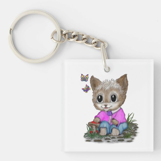 Cute Kitty Cat and Butterfly Key Ring (Front)