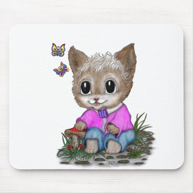 Cute Kitty Cat and Butterfly Mouse Pad (Front)