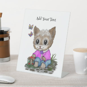 Cute Kitty Cat and Butterfly Pedestal Sign