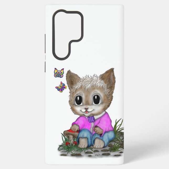 Cute Kitty Cat and Butterfly Samsung Galaxy S22 Ultra Case (Back)