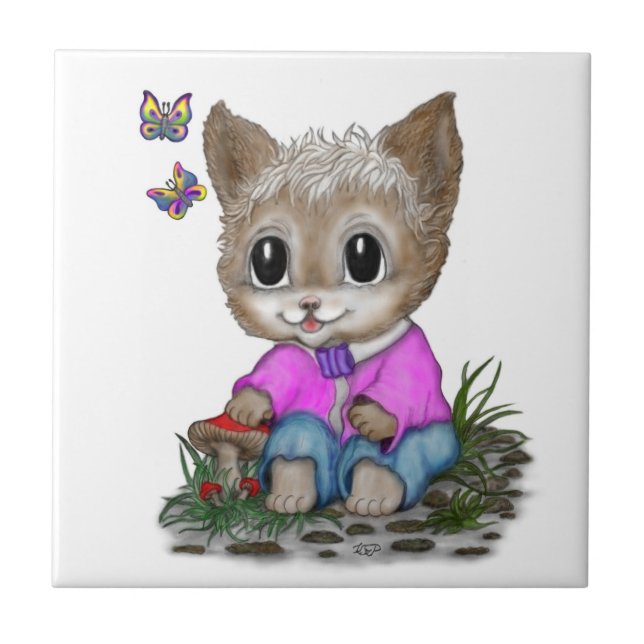 Cute Kitty Cat and Butterfly Tile (Front)