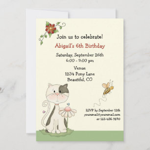 Cute Kitty Cat and Flowers Birthday Invitation